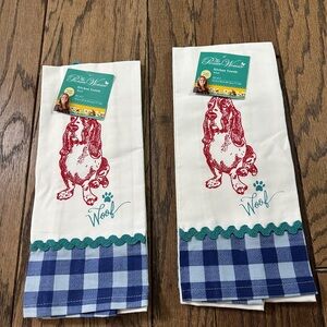 Set of 2 Pioneer Woman 2 Piece Basset Hound Towel Sets New Gingham Blue and Red